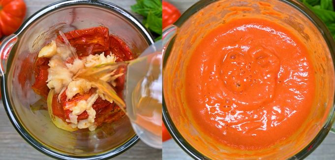 Smooth blended tomato soup in a blender