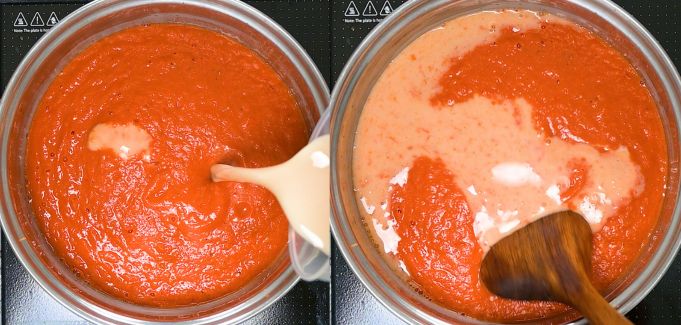 Adding oat milk to blended tomato soup in a pot
