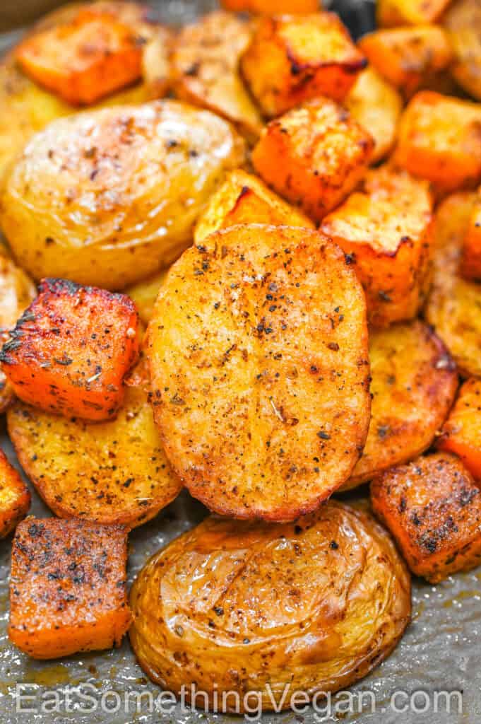 Baked Potatoes and Butternut Squash with roasted edges