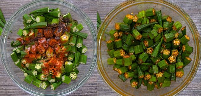 Okra with spices in a bowl.