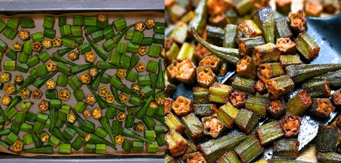 Okra on a baking sheet