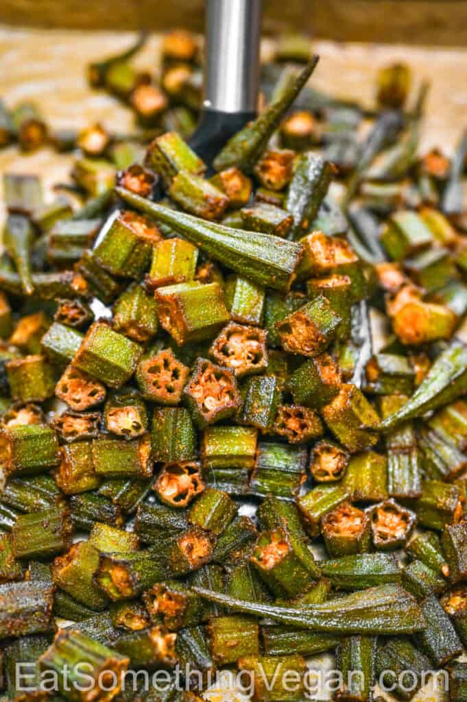 Spicy Roasted Okra on a spatula.