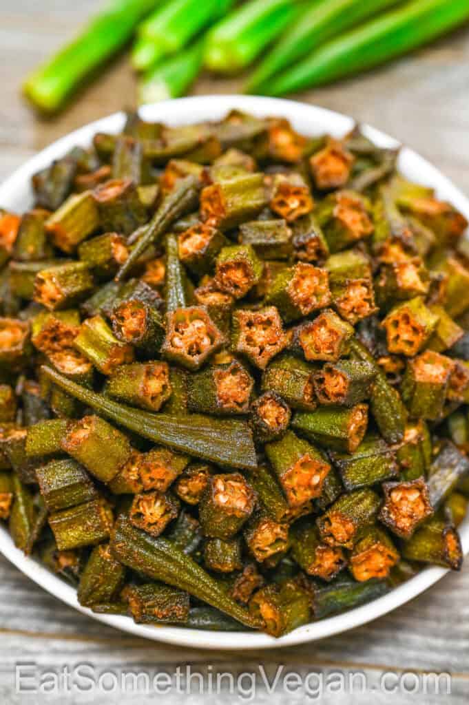Spicy Roasted Okra served on a plate.