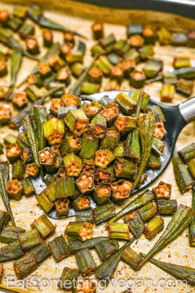 Spicy Roasted Okra on a baking sheet