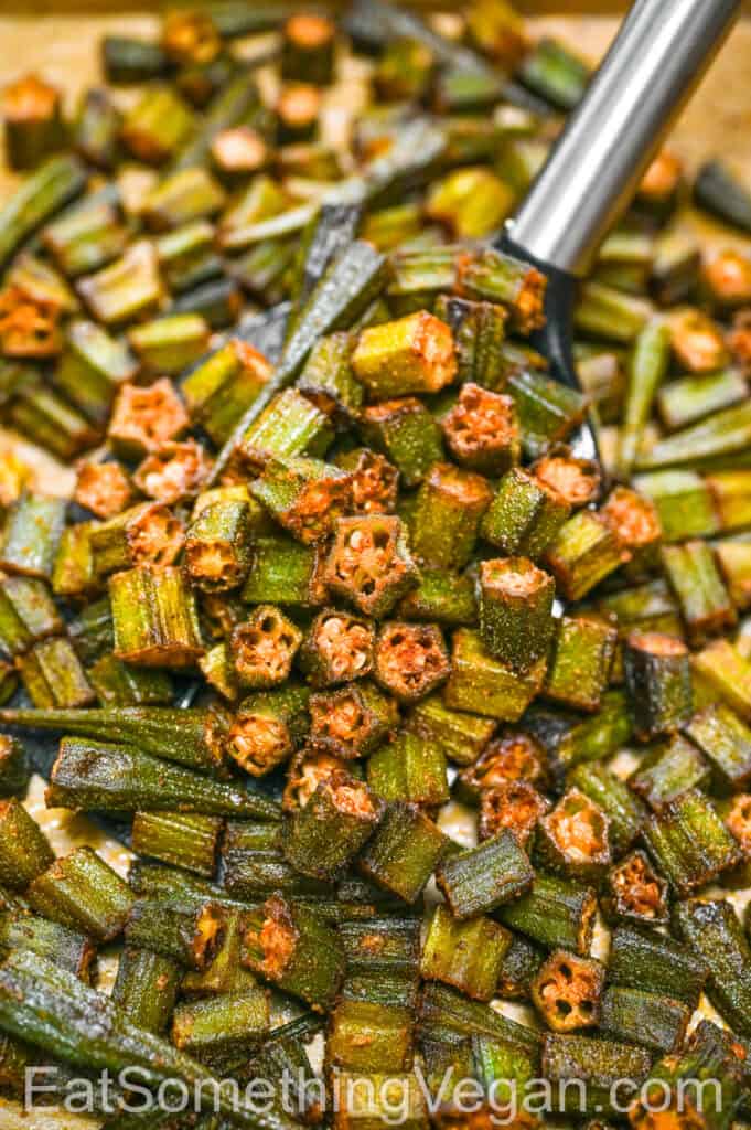 Spicy Roasted Okra close-up on a spatula.