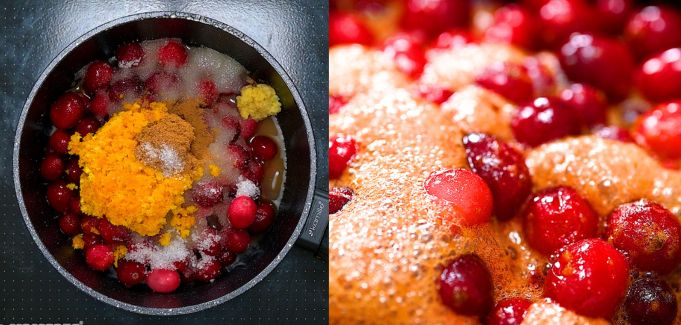 Cranberries with sugar, orange zest, and spices in a pot