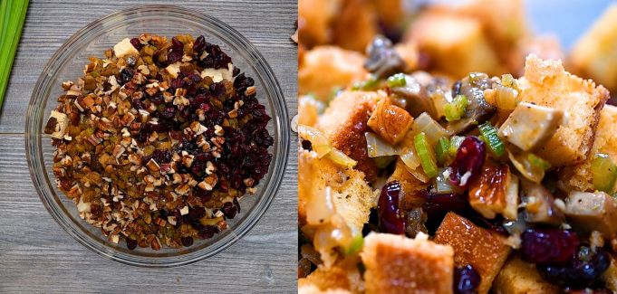 Mixing vegetables with bread cubes