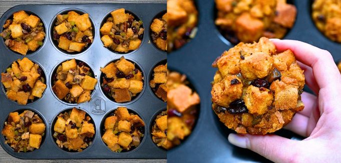 Filling muffin cups with stuffing mixture and baking