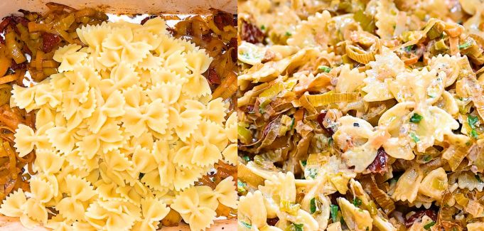 Cooked farfalle pasta added to roasted leeks and tomatoes