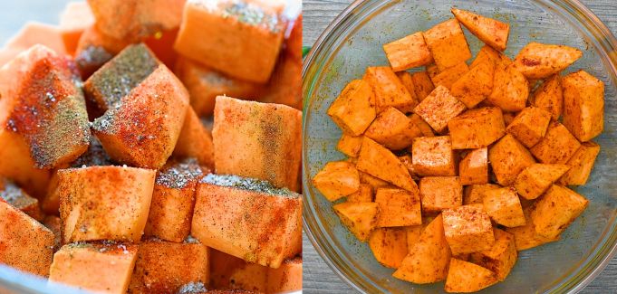 Cubed sweet potatoes with spices in a bowl