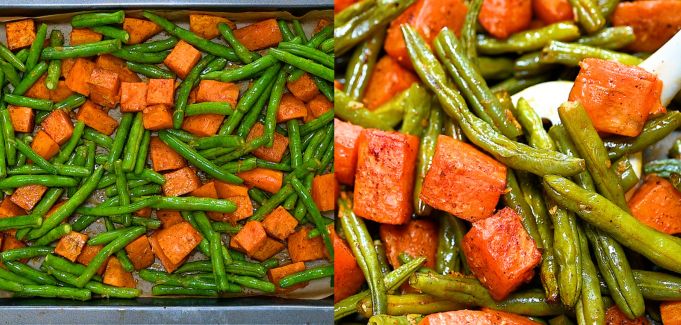 Sweet potatoes and green beans mixed together on a baking sheet