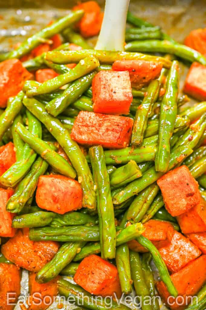 Sweet Potatoes and Green Beans on a spatula