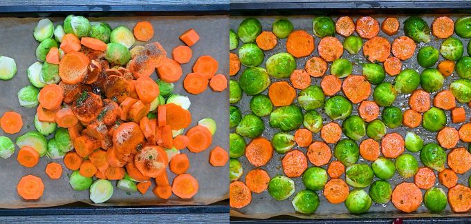 Seasoned carrots and Brussels sprouts on a baking sheet