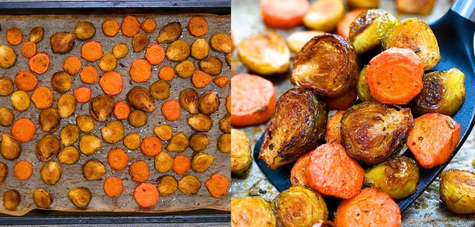 Roasted carrots and Brussels sprouts on a baking sheet