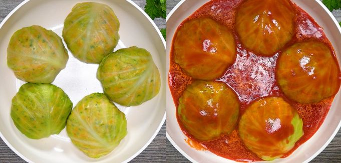Placing the cabbage bombs into the pan with sauce