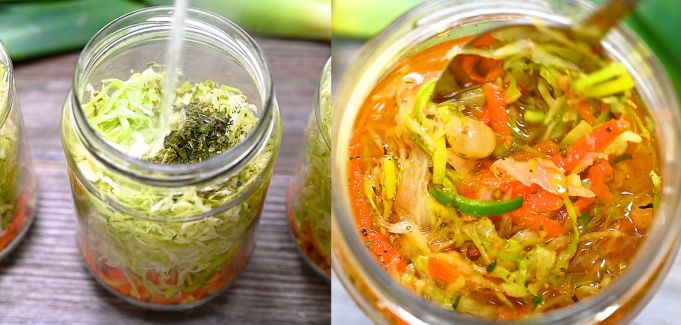 Pouring boiling water into a jar of vegetables