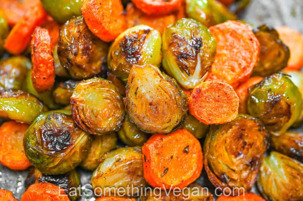 Baked Brussels Sprouts and Carrots close-up