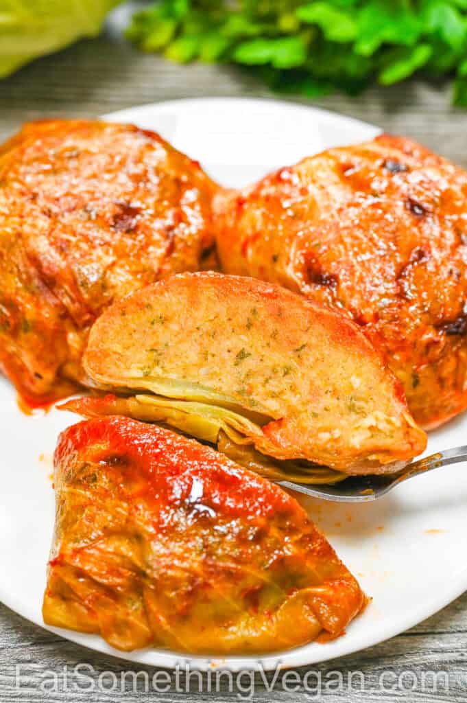 Baked Cabbage Bombs cut open to show the filling
