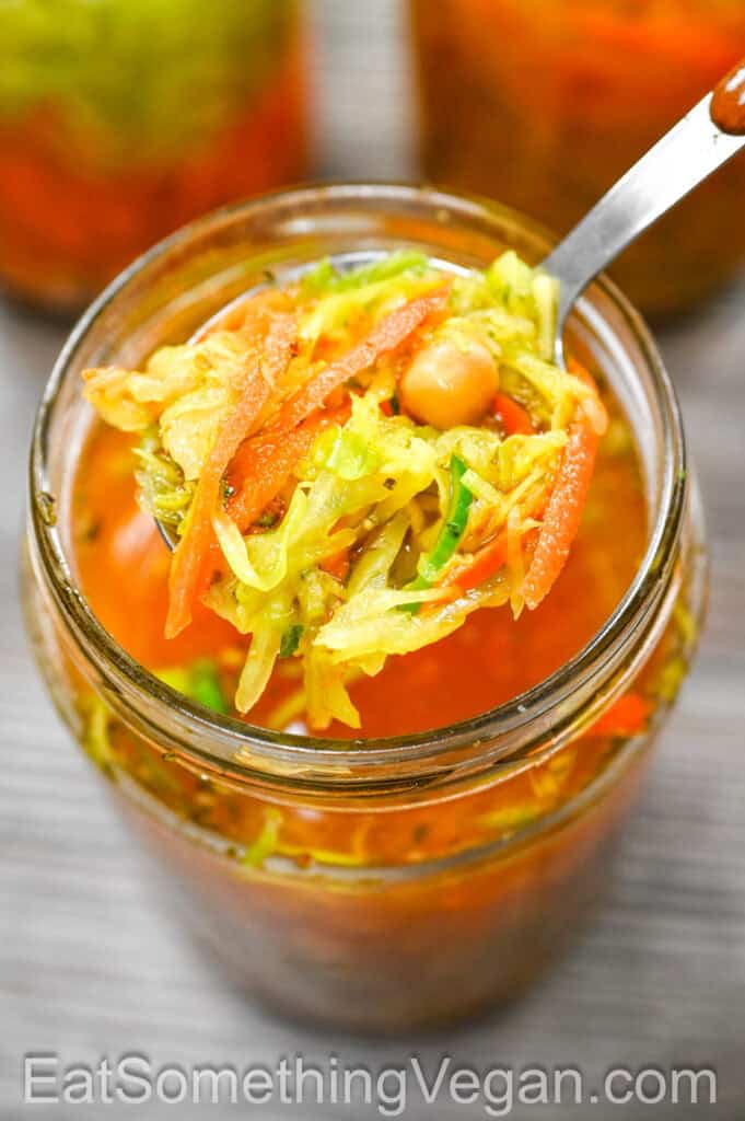 Cabbage Soup in a Jar served on a spoon