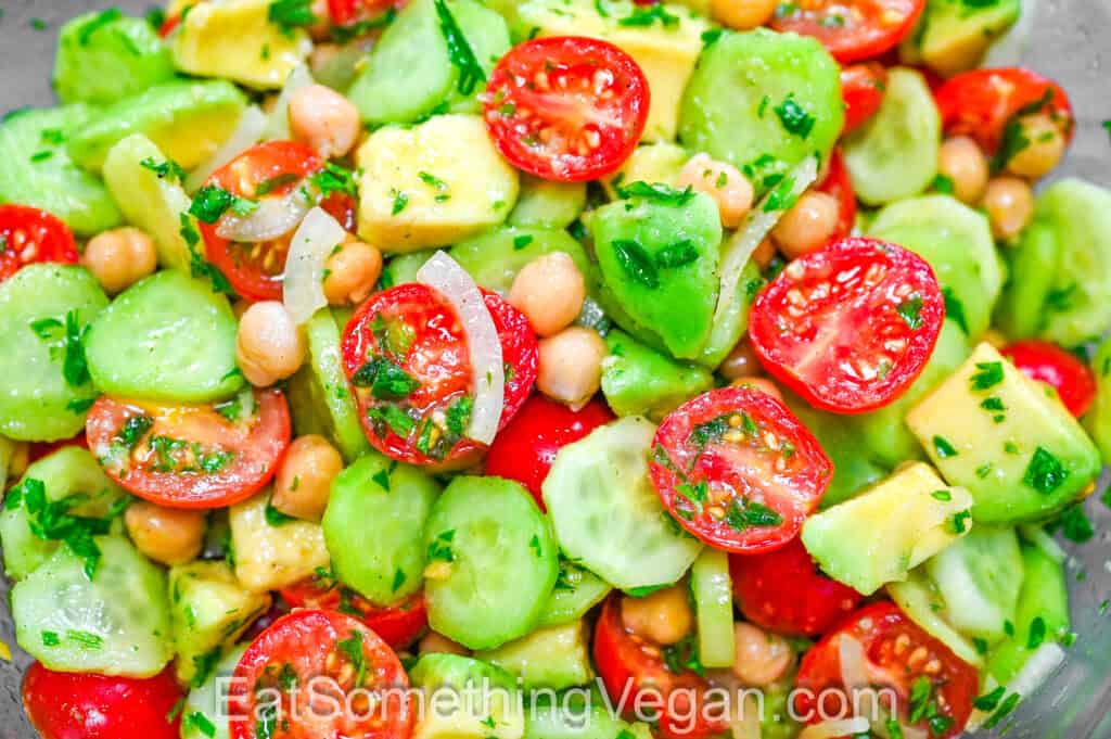 Chickpea Avocado Salad mixed and ready to serve