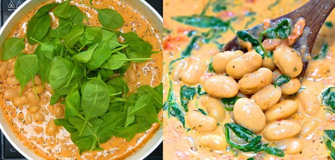 Adding beans and spinach