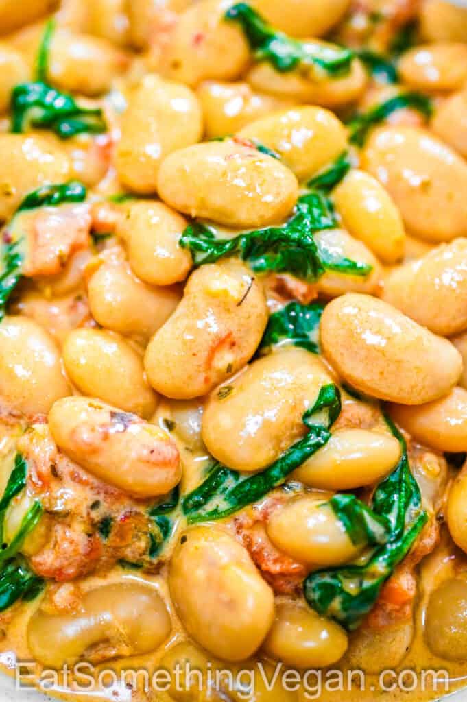 Creamy tomato white beans close-up