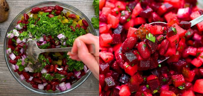 Mixing beet and bean salad in a bowl with a spoon