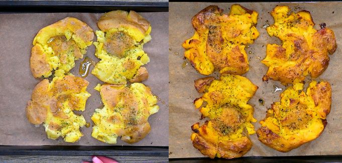 Smashed potatoes before and after roasting on a baking sheet
