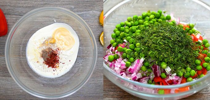 Creamy dressing with vegetables mixed in a bowl