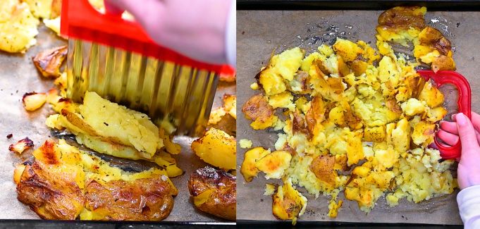 Chopping roasted smashed potatoes into smaller pieces