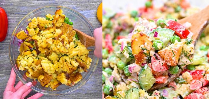 Mixing smashed potatoes with creamy dressing and vegetables