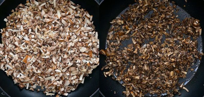 Chopped mushrooms cooking in a skillet until golden and browned