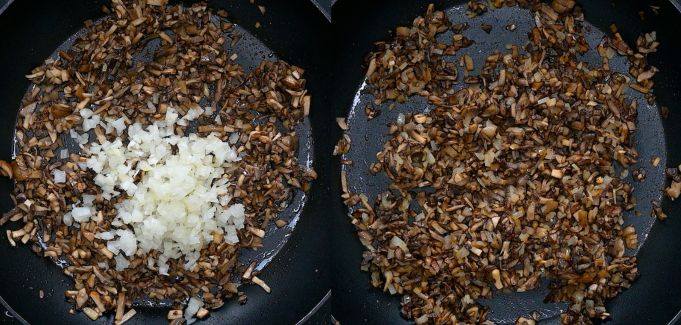 Onions added to browned mushrooms cooking in a skillet