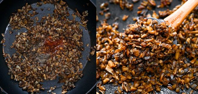 Seasoned mushrooms cooking in a skillet with spices and sauce