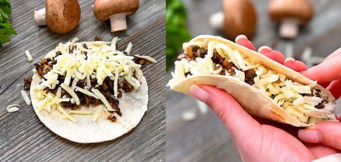 Assembling mushroom tacos with cheese