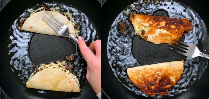 Frying folded mushroom tacos in a skillet until golden and crispy