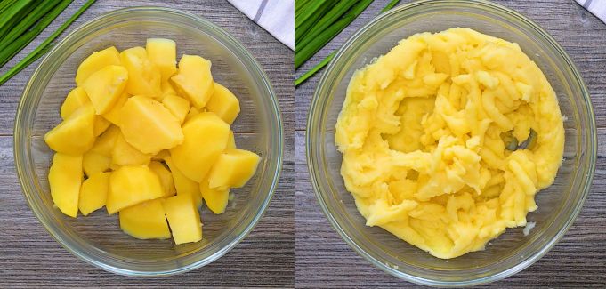 Boiled potatoes before and after mashing in a glass bowl