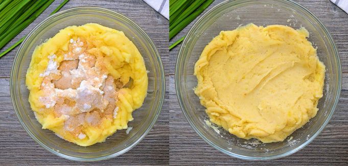 Mashed potatoes mixed with seasonings and starch in a glass bowl