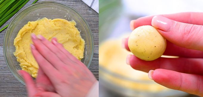 Shaping mashed potato mixture into small balls by hand