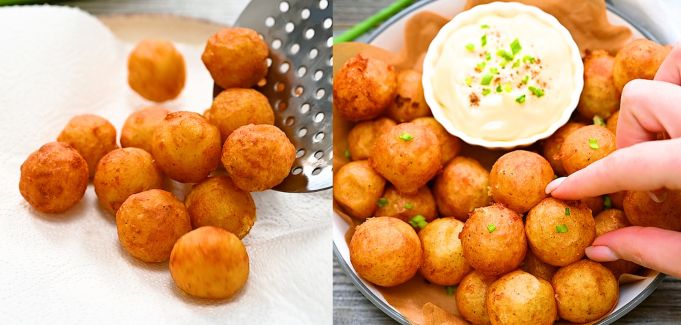 Crispy potato balls drained on paper towel and served with dipping sauce