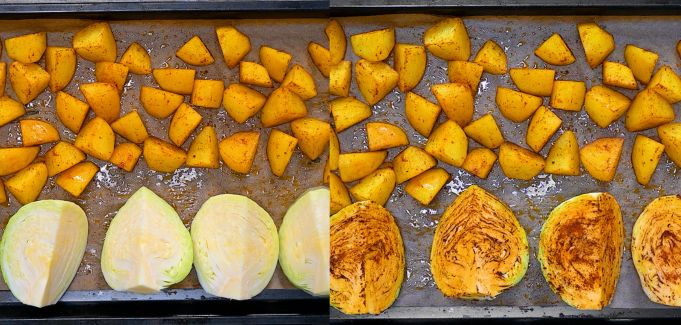Potatoes and cabbage added to a baking sheet before roasting
