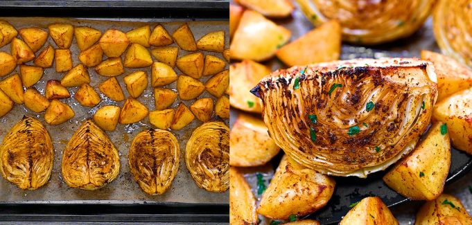 Fully roasted potatoes and cabbage on a baking sheet