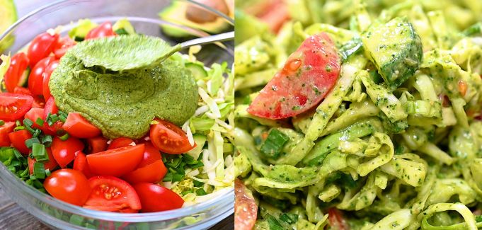 Mixing vegetables with dressing