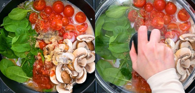 Adding ingredients to a skillet and covering with a lid