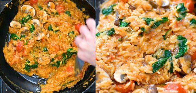 Stirring orzo in a skillet as it finishes cooking