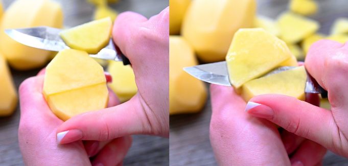 Slicing peeled potatoes into thin slices with a knife