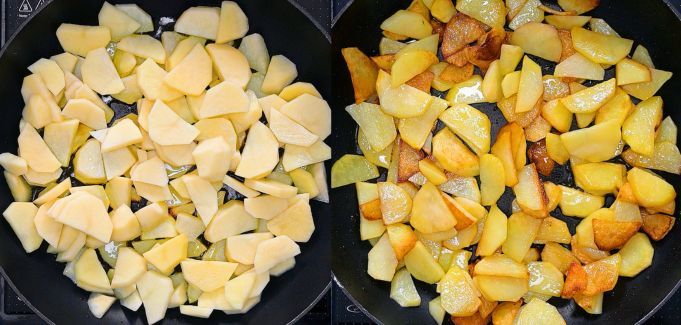 Sliced potatoes cooking in a skillet until golden and crispy