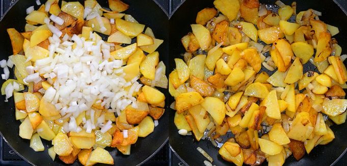 Adding chopped onion to crispy fried potatoes in a skillet