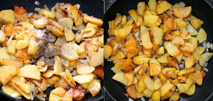 Seasoning crispy fried potatoes with salt and black pepper in a skillet
