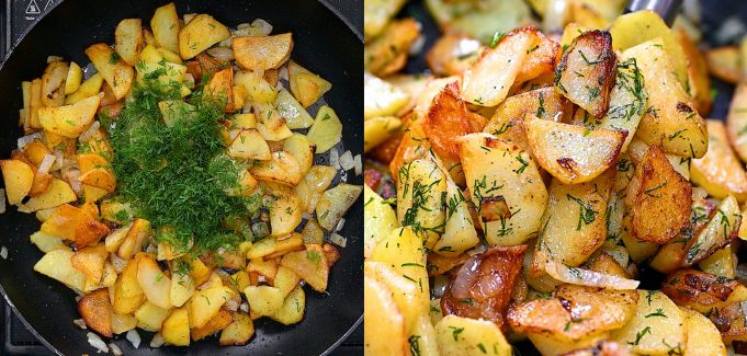 Adding fresh dill to crispy fried potatoes in a skillet